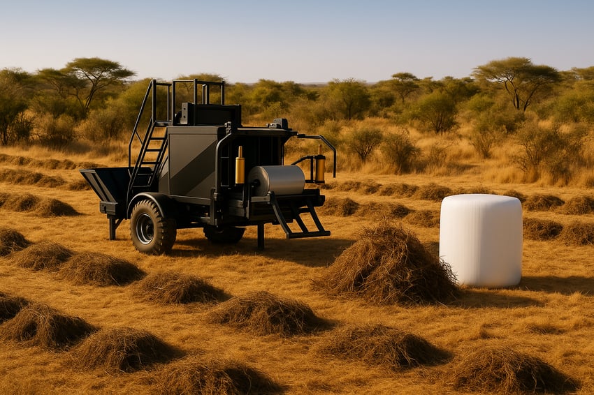 Bale-wrapping machine operates in the savanna, wrapping a large white bale surrounded by piles of biomass and golden grass.