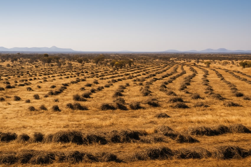 Golden savanna field with neatly arranged windrows of chopped biomass stretching across the landscape under a clear blue sky.