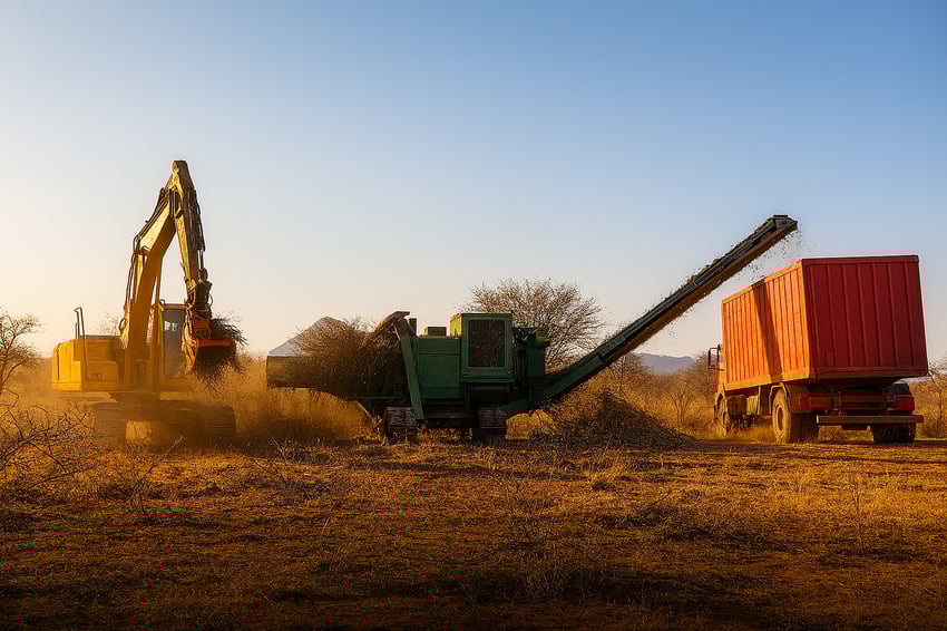 Excavator feeds woody biomass into a green grinding machine, which processes it and loads it into a red container truck in a dry savanna setting.